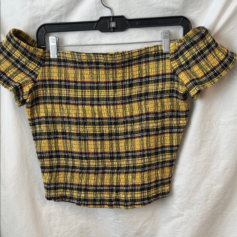 Hot Topic Yellow and Black Plaid Off-Shoulder Smocked Top Size XXL